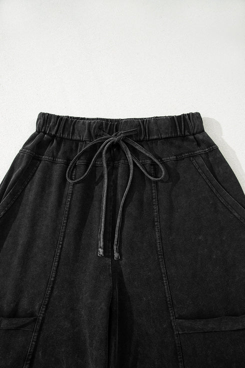 High Waist Mineral Wash Exposed Seam Drawstring Wide Leg Pants